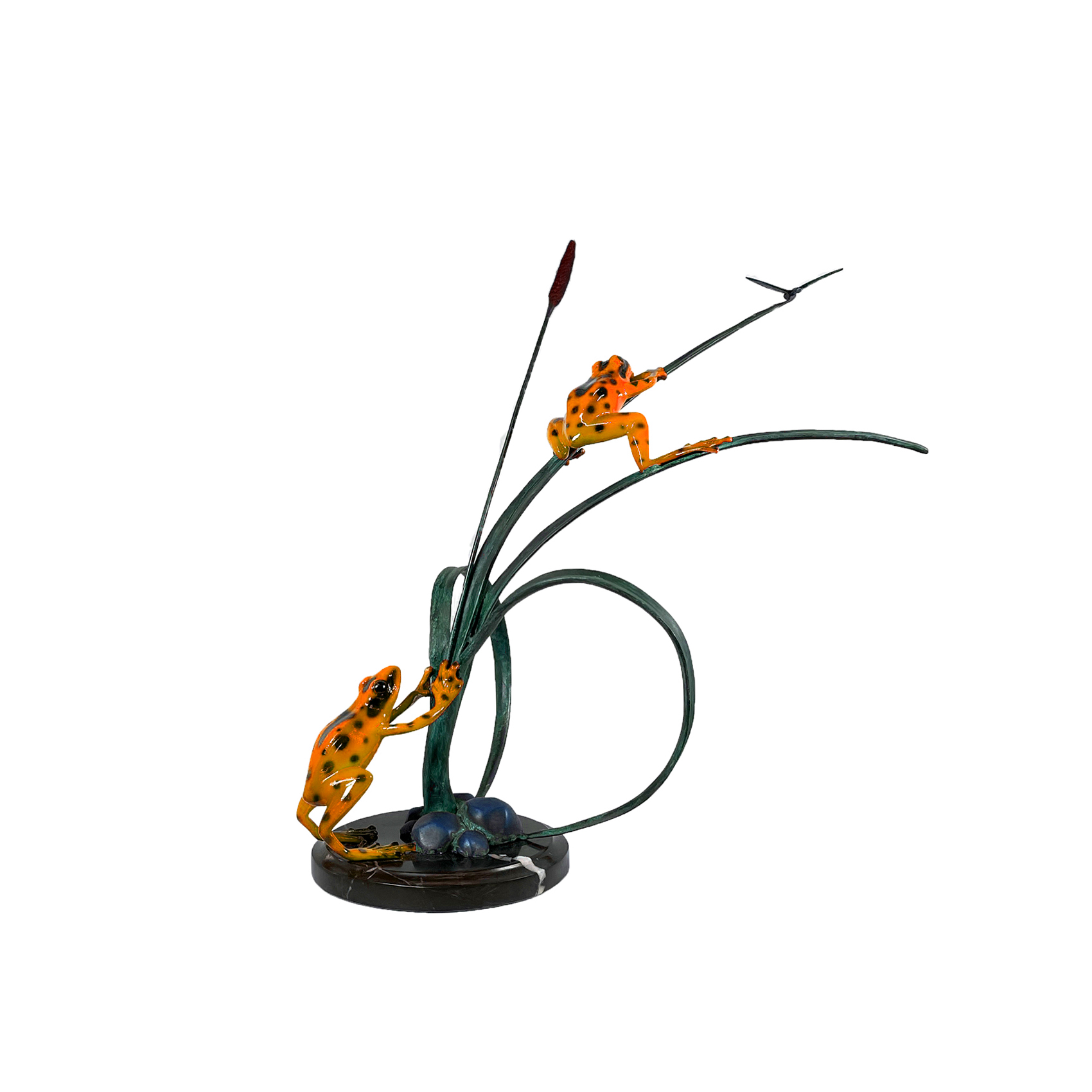 SRB49757-O Bronze Orange Frogs & Dragonfly on Grass Sculpture atop Marble Base by Metropolitan Galleries Inc