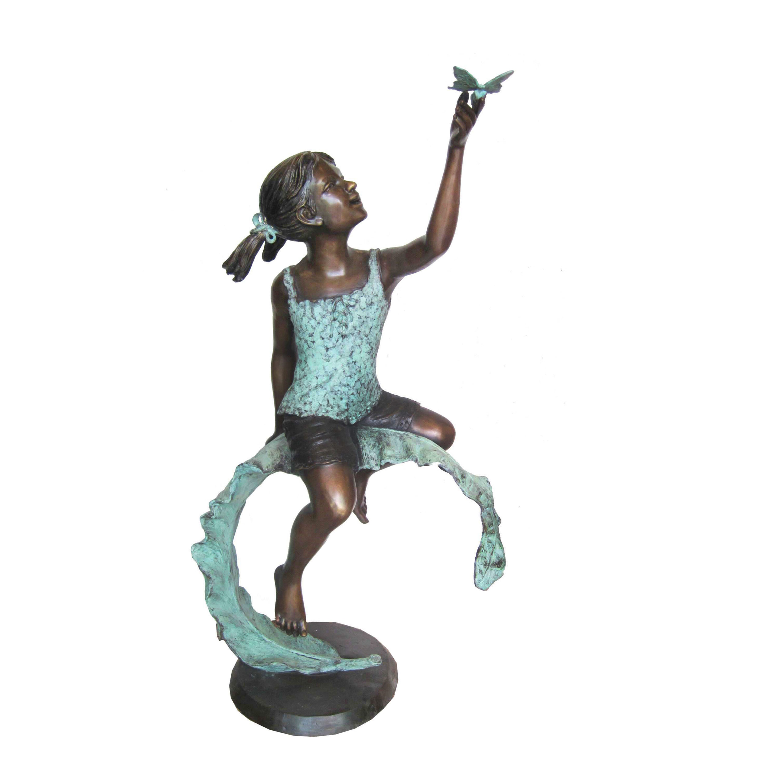 SRB707016 Bronze Girl with Butterfly on Leaf Sculpture by Metropolitan Galleries Inc