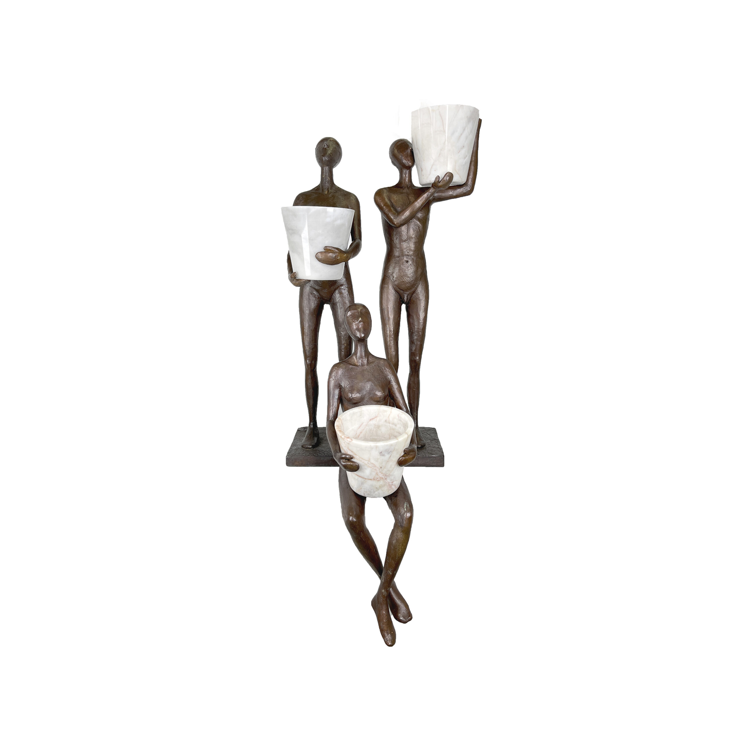 SRB40010-11-12 Bronze Modern Figure Trio holding Marble Pots Sculpture Set by Metropolitan Galleries Inc