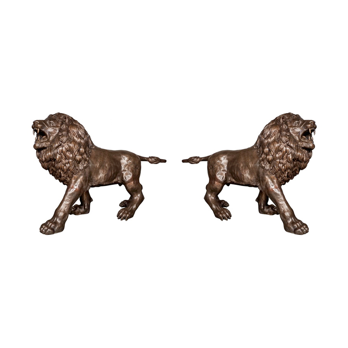 Bronze Walking Lion Sculpture Pair
