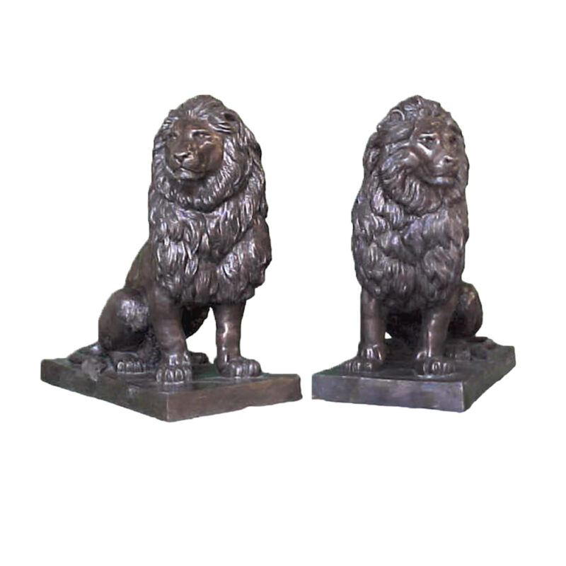SRB351047 Bronze Sitting Lion on Base Sculpture Pair by Metropolitan Galleries Inc