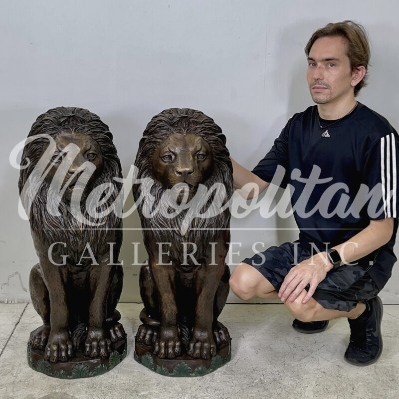 SRB48504 Bronze Small SItting Lion Sculpture Pair by Metropolitan Galleries Inc. SCALE WM
