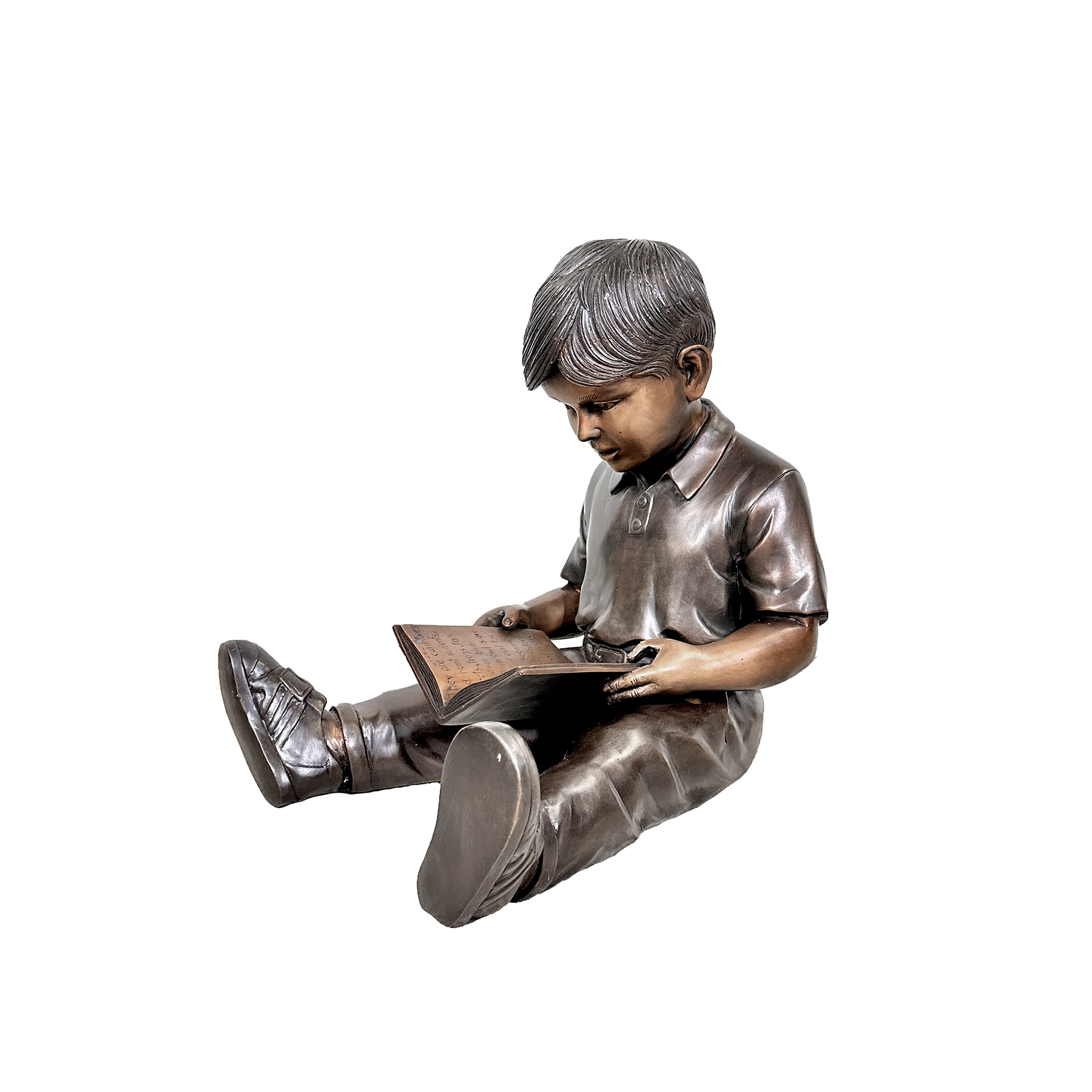 Bronze Sitting Little Boy Reading Book Sculpture