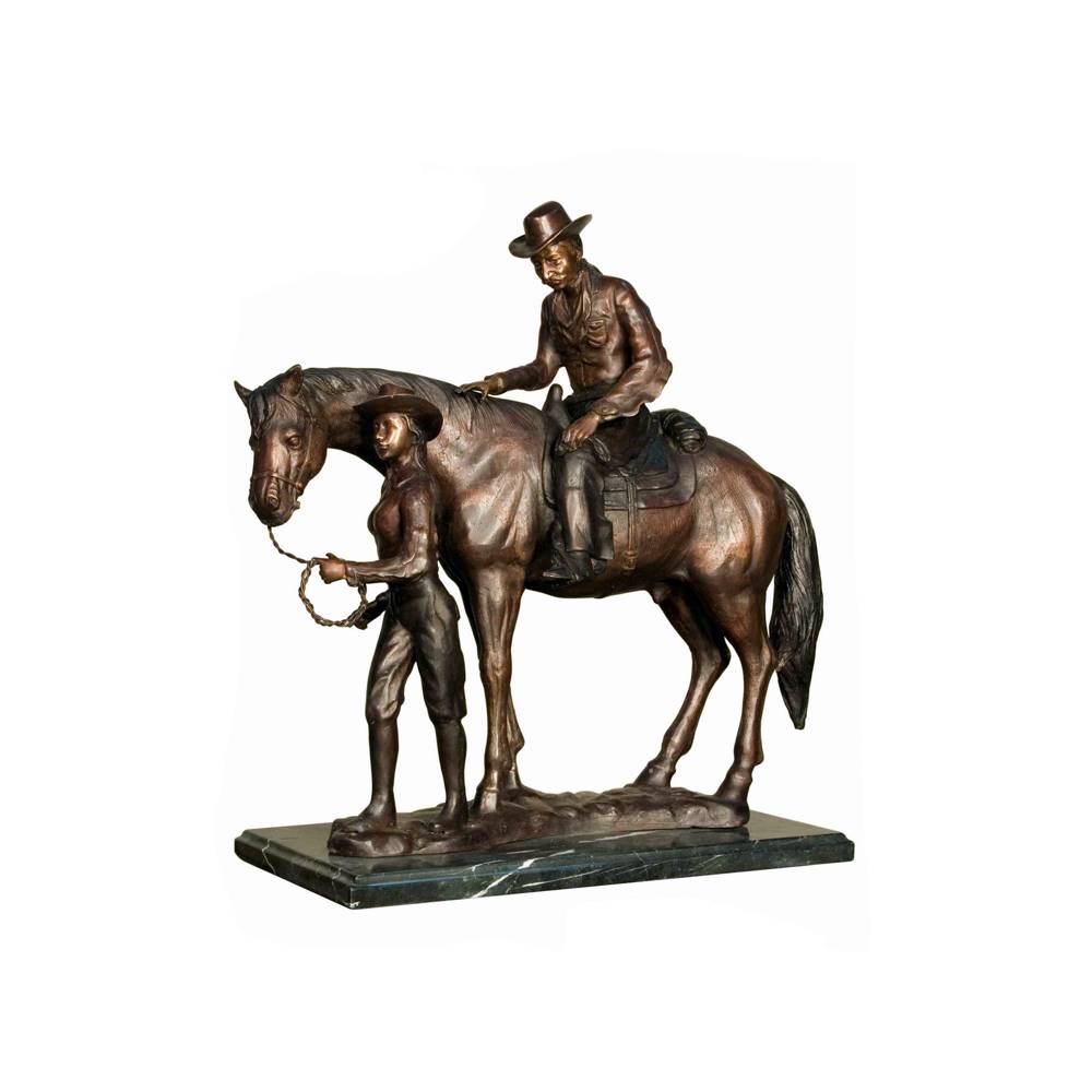 Bronze Man on Horse with Woman Leading Sculpture