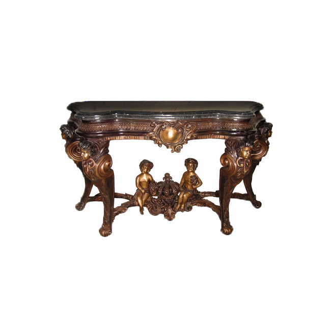 Bronze Cherubs Console Table with Polished Granite Surface