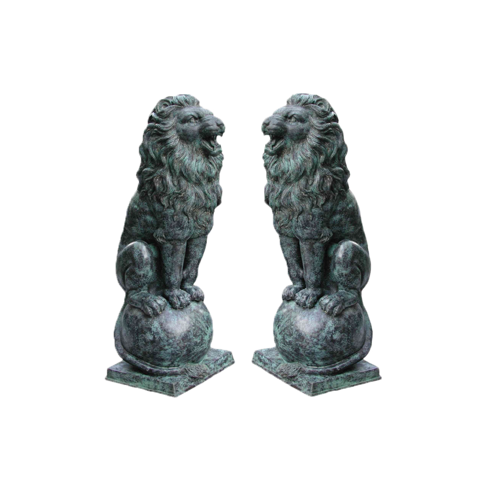 Bronze Sitting Lion on Ball Sculpture Pair