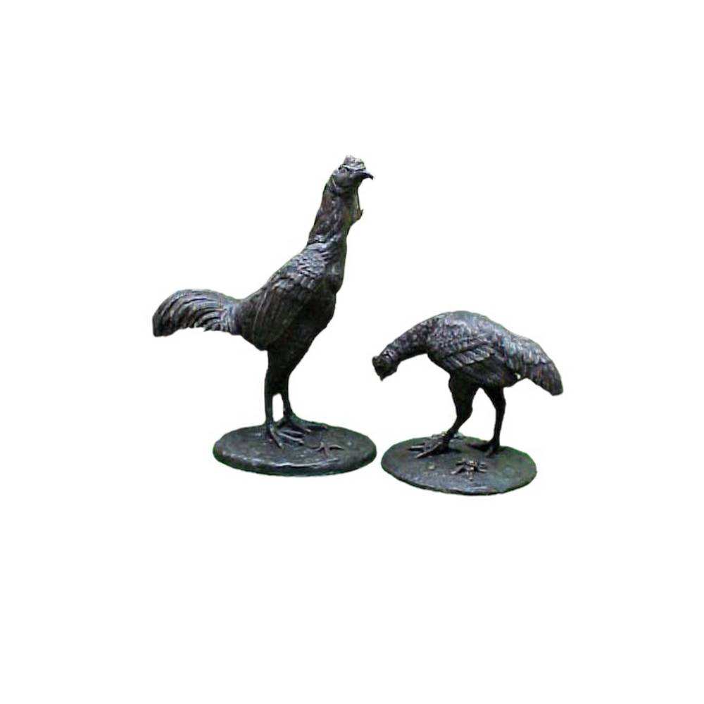 Bronze Rooster and Hen Sculpture Table-Top Pair