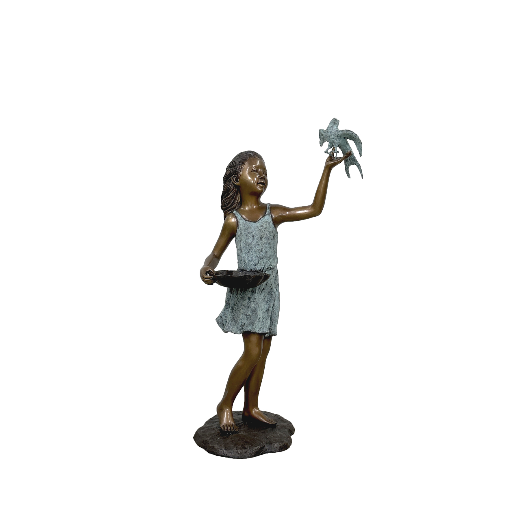 SRB705767 Bronze Girl holding Bowl with Bird Sculpture by Metropolitan Galleries Inc