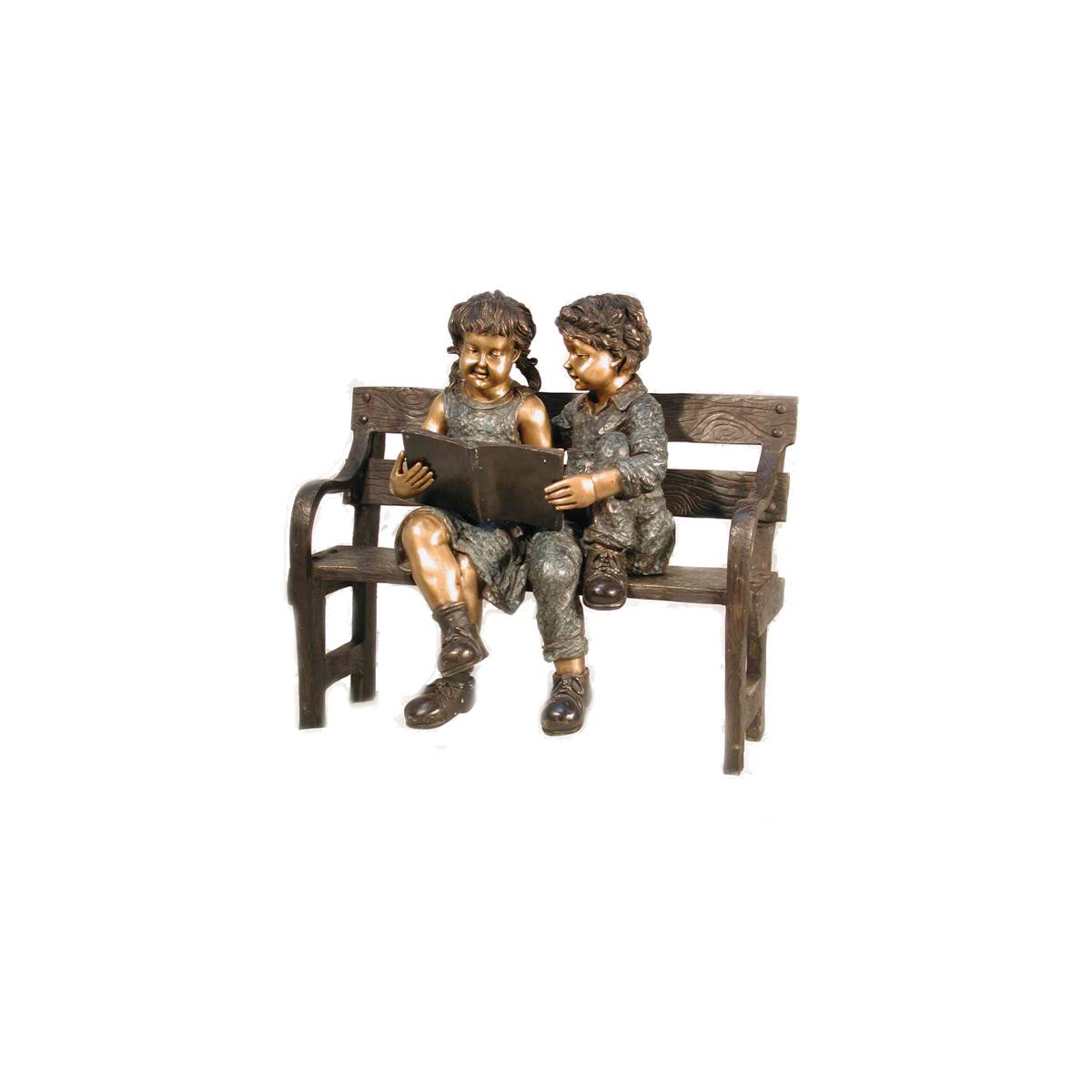 Bronze Boy and Girl Reading on Bench Sculpture