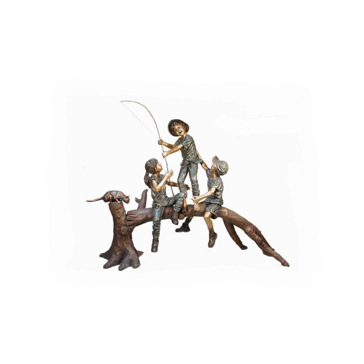 Bronze Three Kids Fishing from Log Sculpture