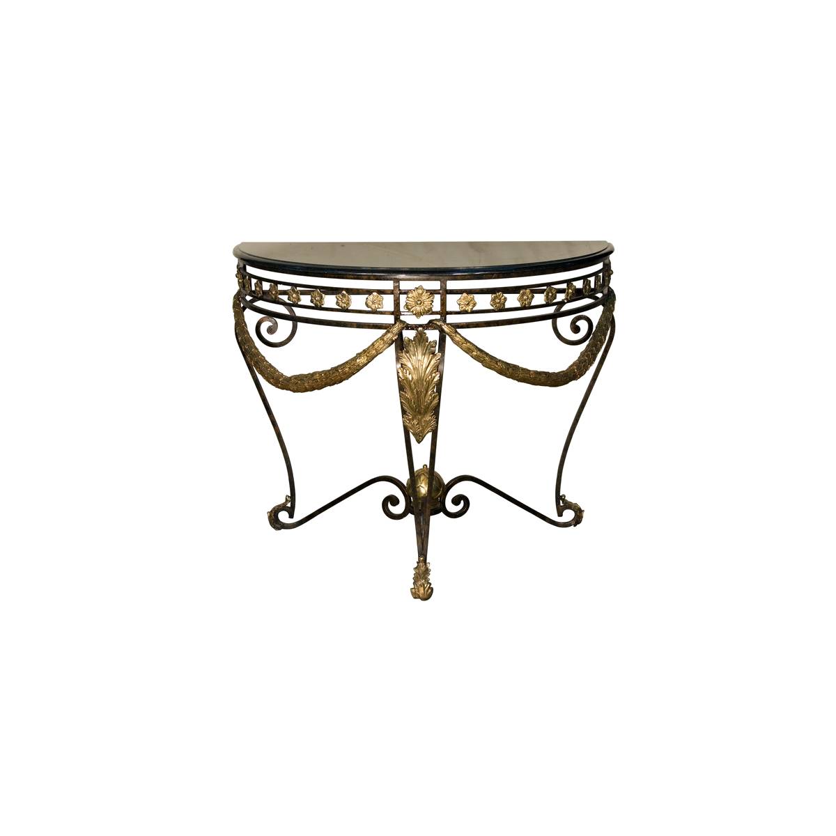 Bronze Ornate Half Moon Table with Marble Top Sculpture