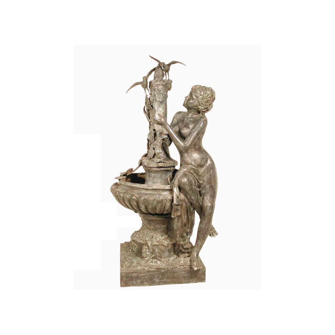SRB059017 Bronze Sitting Lady with Birds Fountain Sculpture by Metropolitan Galleries Inc