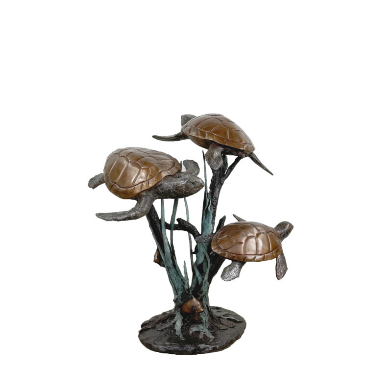 SRB094007 Bronze Three Sea Turtles in Grass Fountain Sculpture by Metropolitan Galleries Inc