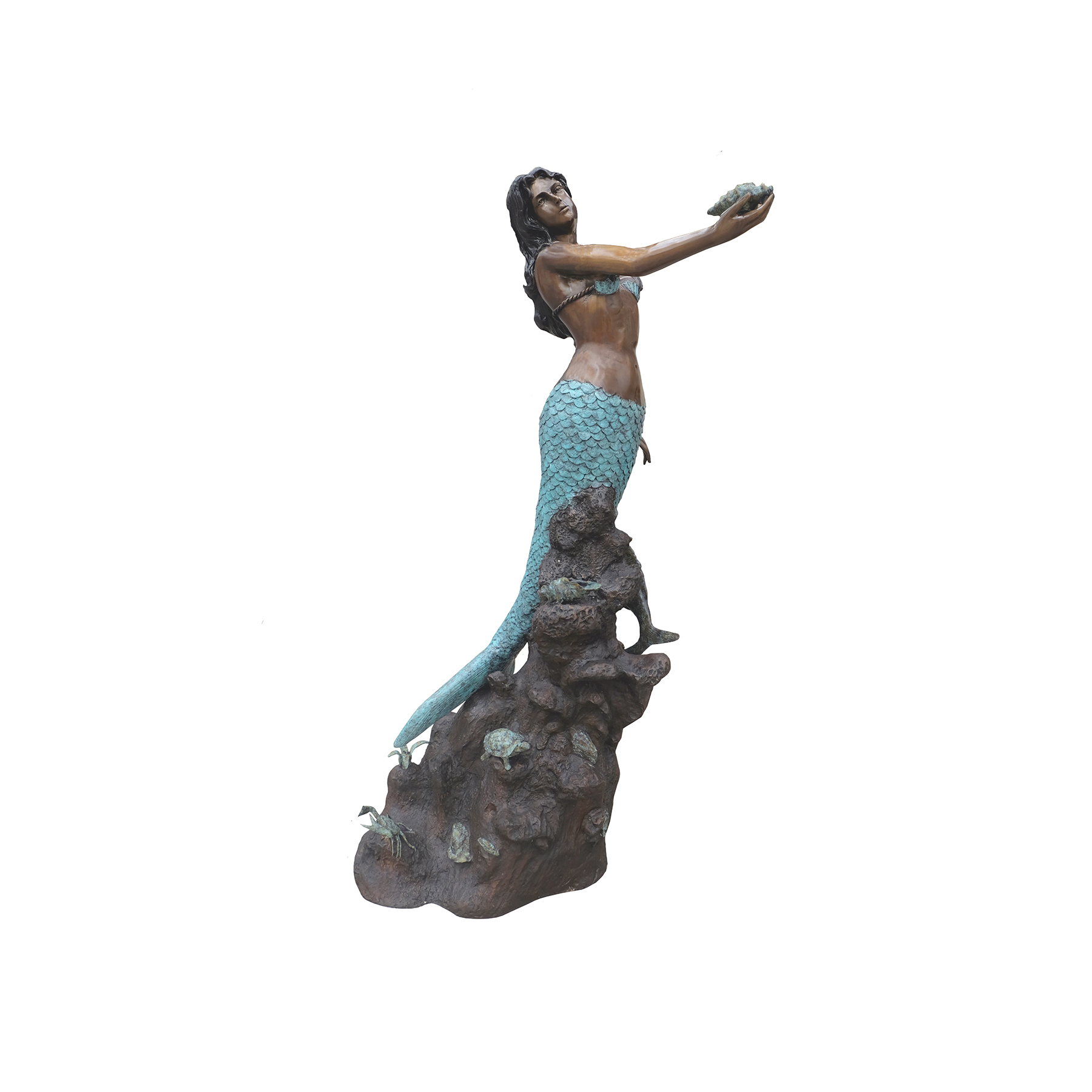 Bronze Mermaid holding Shell on Rock Fountain
