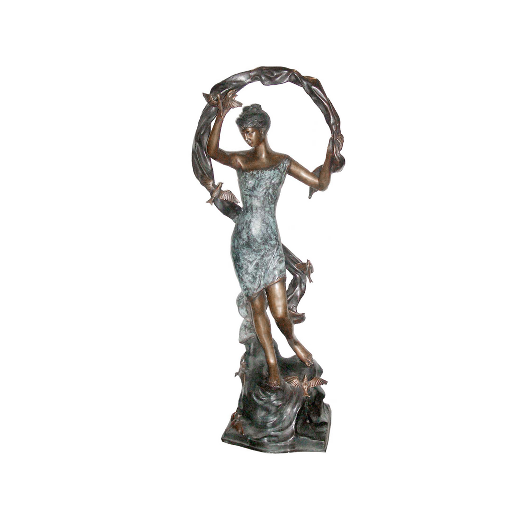 SRB706224 Bronze Lady with Ribbon of Birds Sculpture by Metropolitan Galleries Inc