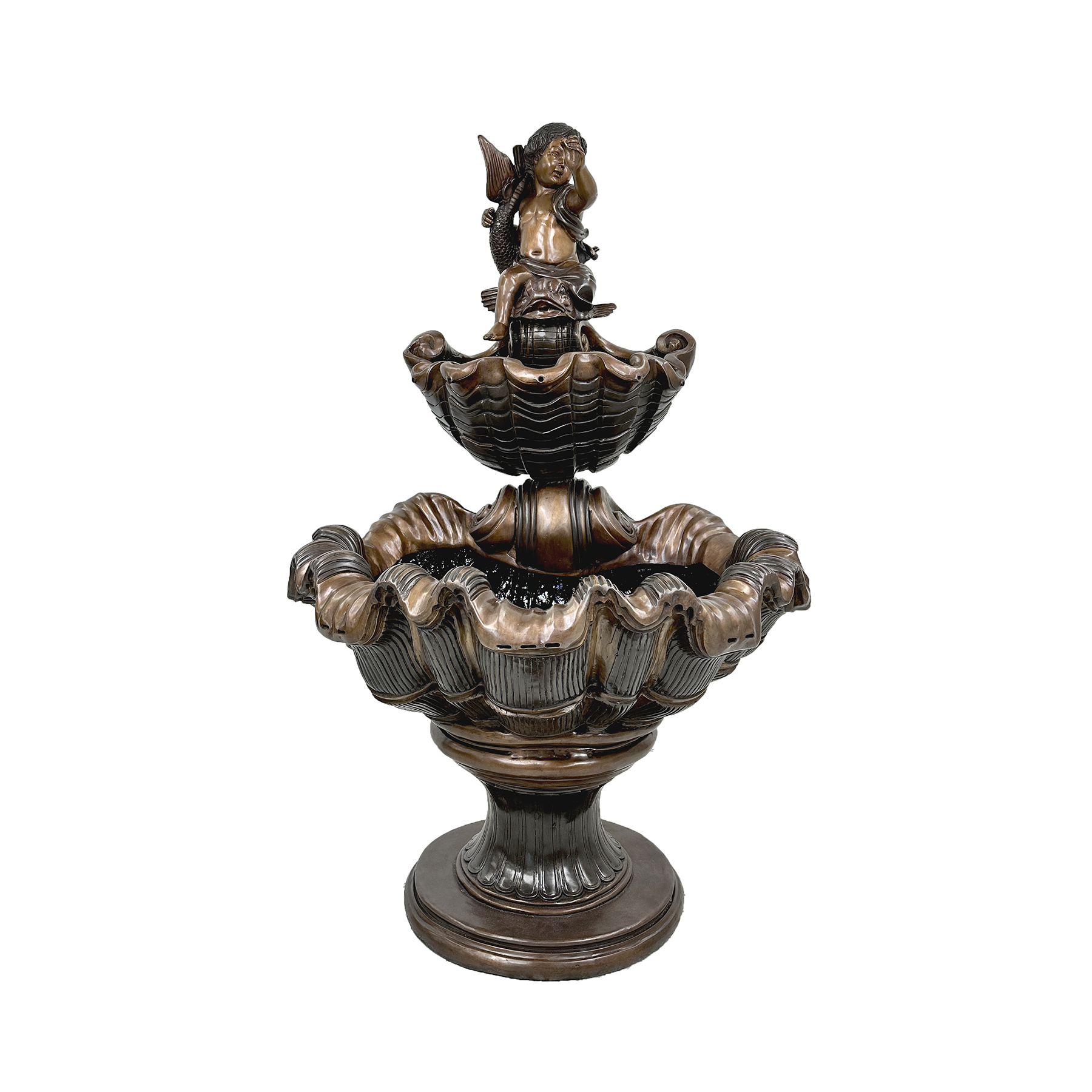 Bronze Putto on Fish Shell Fountain (Brown)