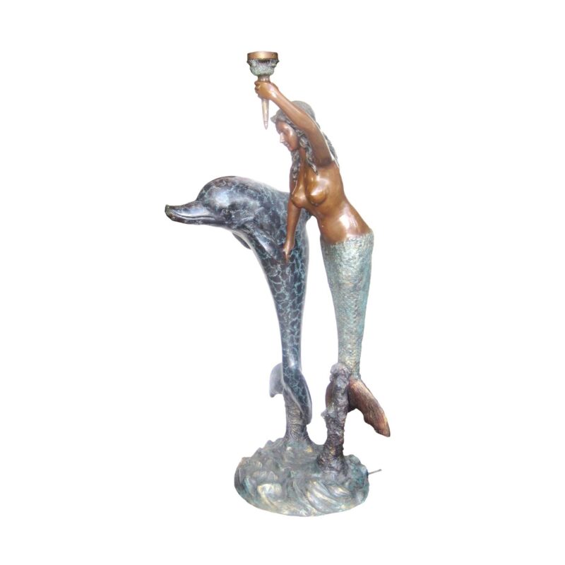 SRB702311-3C Bronze Mermaid Holding Lamp with Dolphin Sculpture by Metropolitan Galleries Inc.