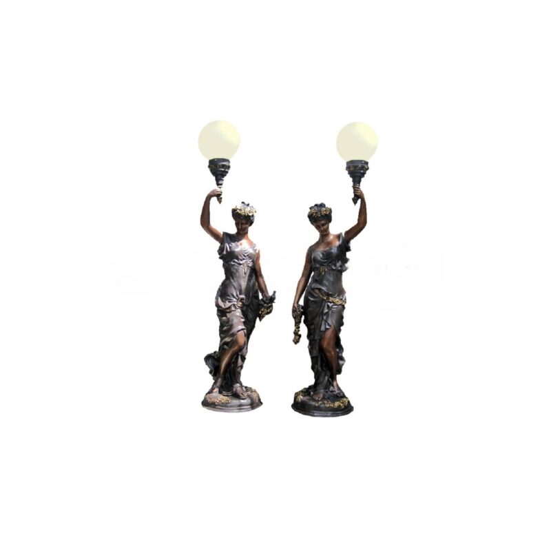 SRB706725 Bronze Standing Lady Holding Lamps Sculpture Set by Metropolitan Galleries Inc.