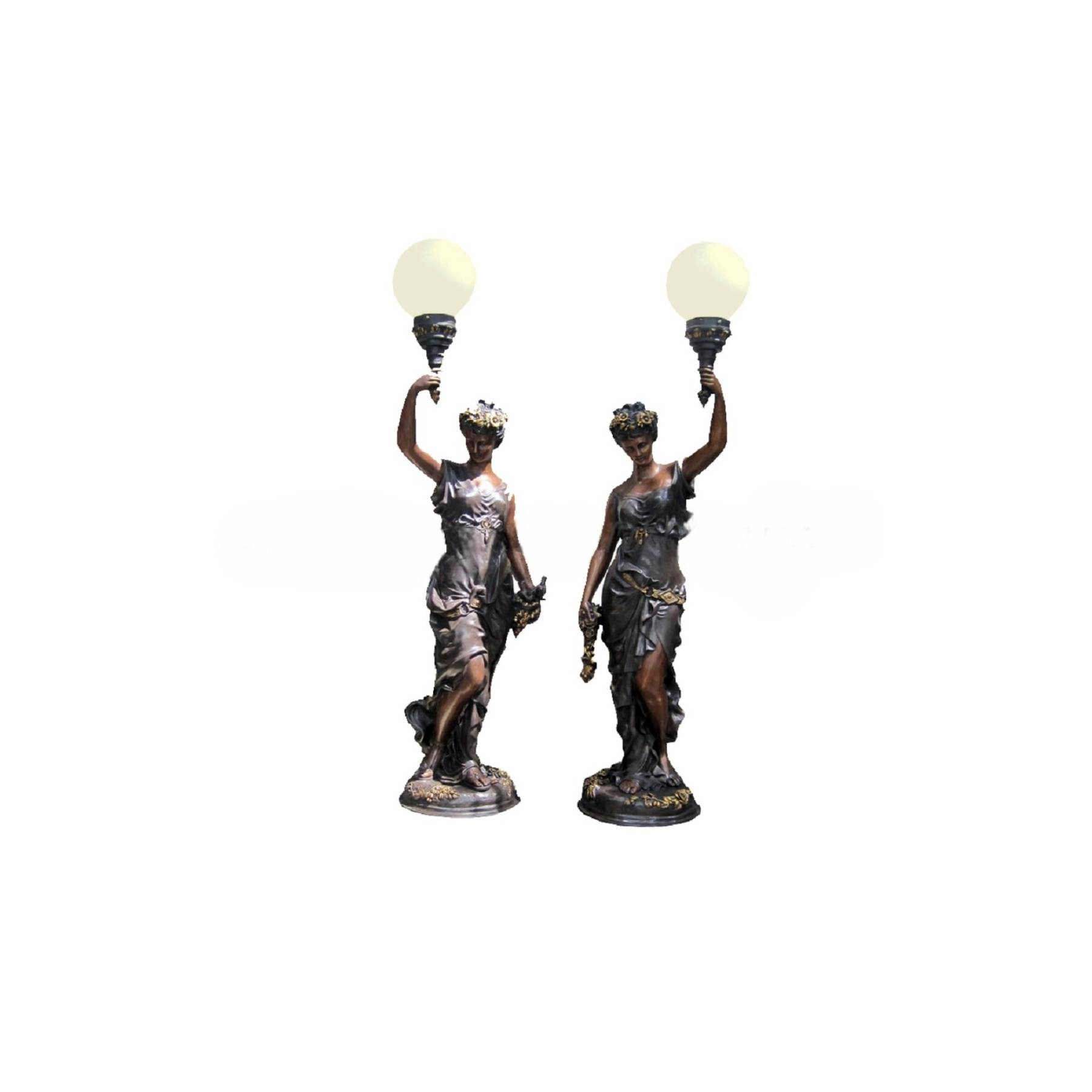 SRB706725 Bronze Standing Lady Holding Lamps Sculpture Set by Metropolitan Galleries Inc.