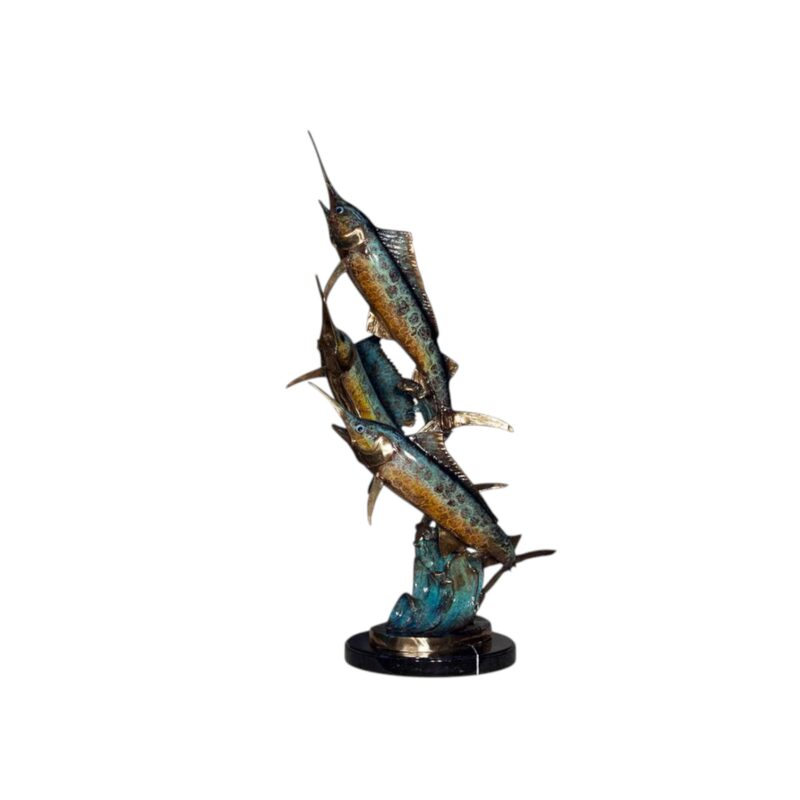 SRB050664-C Bronze Colorful Three Marlins on Marble Base Tabletop Sculpture by Metropolitan Galleries Inc.