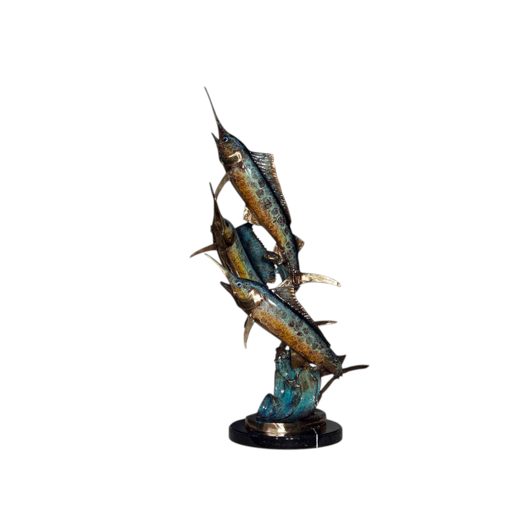 SRB050664-C Bronze Colorful Three Marlins on Marble Base Tabletop Sculpture by Metropolitan Galleries Inc.