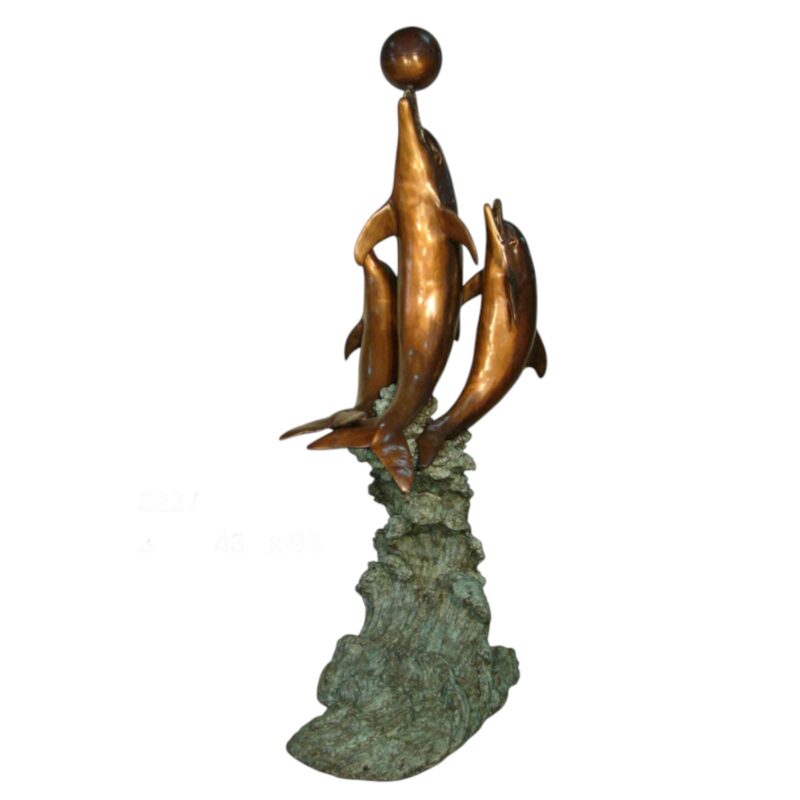 SRB052270 Bronze Three Dolphins with Ball on Wave Sculpture by Metropolitan Galleries Inc.