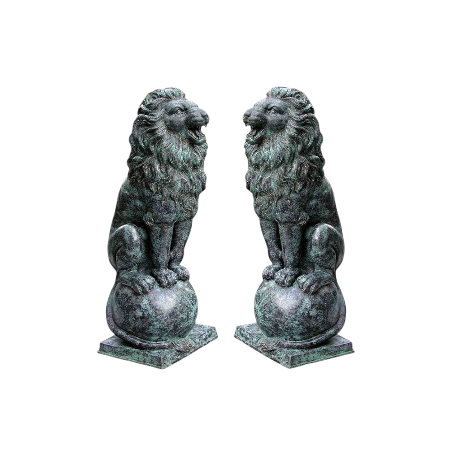 Bronze Lions Atop Ball on Base Sculpture Set
