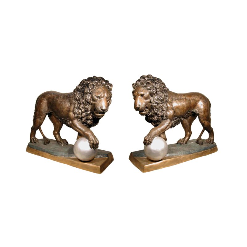 SRB055650 Bronze Standing Lions with Ball on Base Sculpture Set by Metropolitan Galleries Inc.