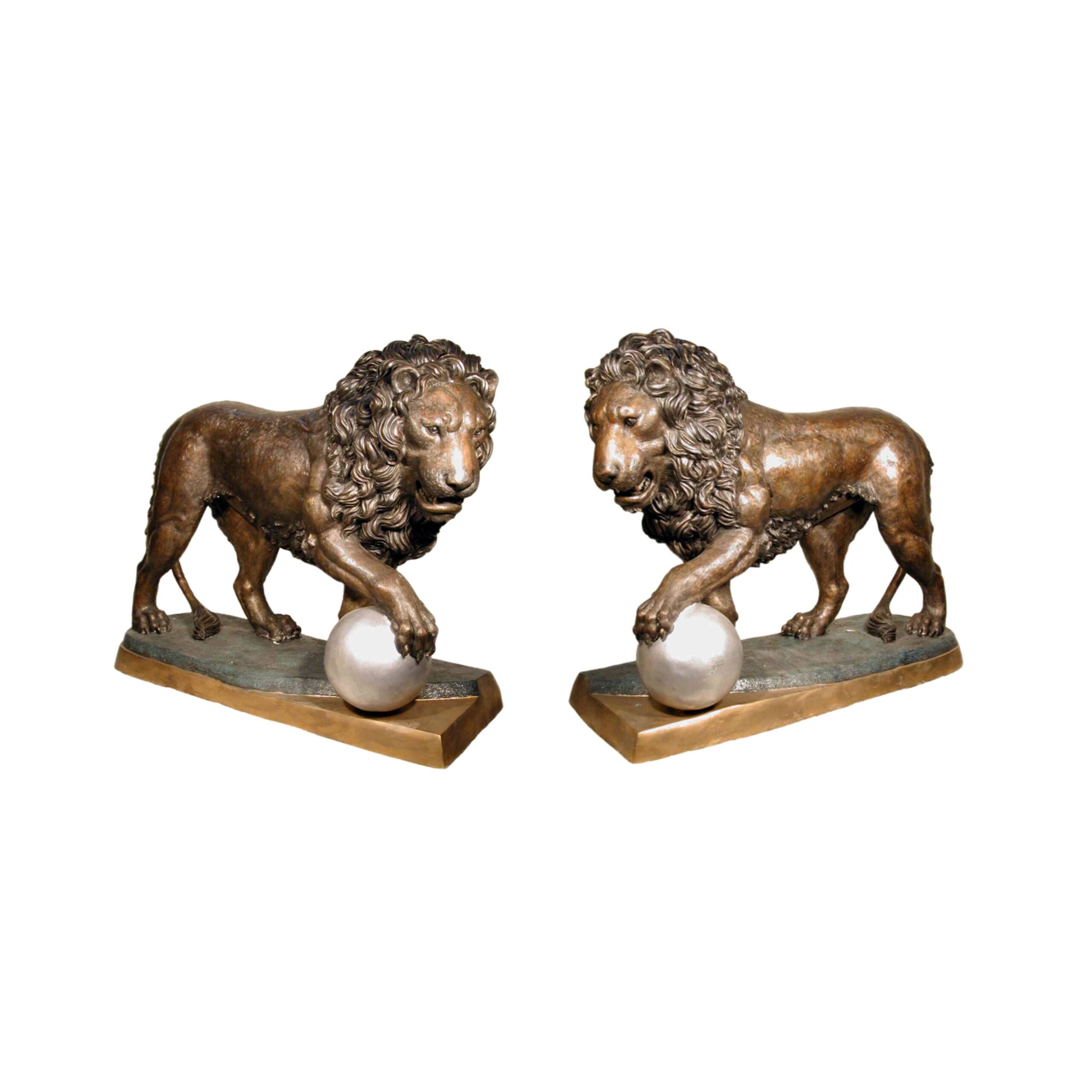 SRB055650 Bronze Standing Lions with Ball on Base Sculpture Set by Metropolitan Galleries Inc.