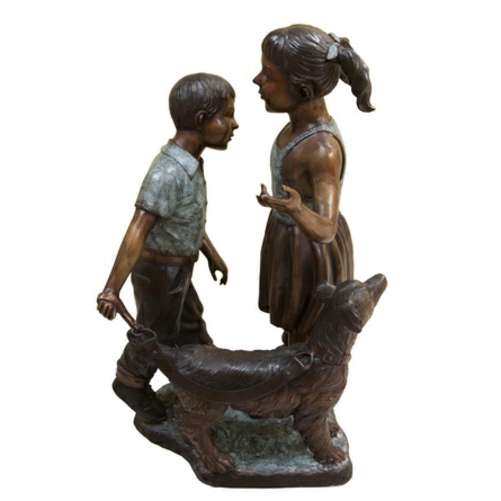 Bronze Girl and Boy Walking Dog Sculpture