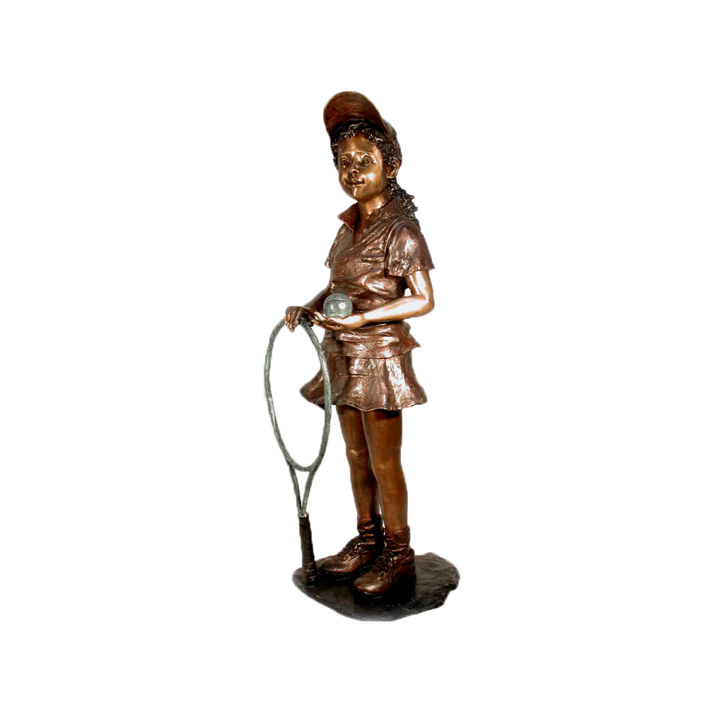 Bronze Girl Standing with Tennis Racket and Ball