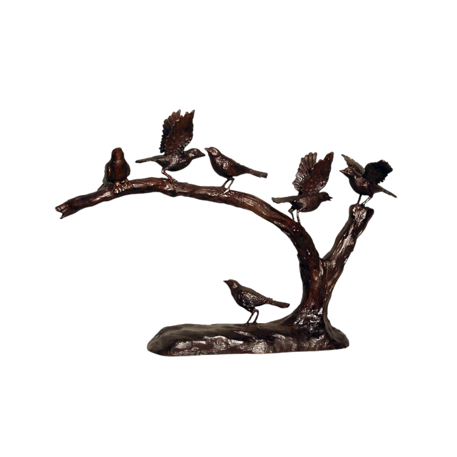 Bronze Six Birds on Branch with Base Sculpture