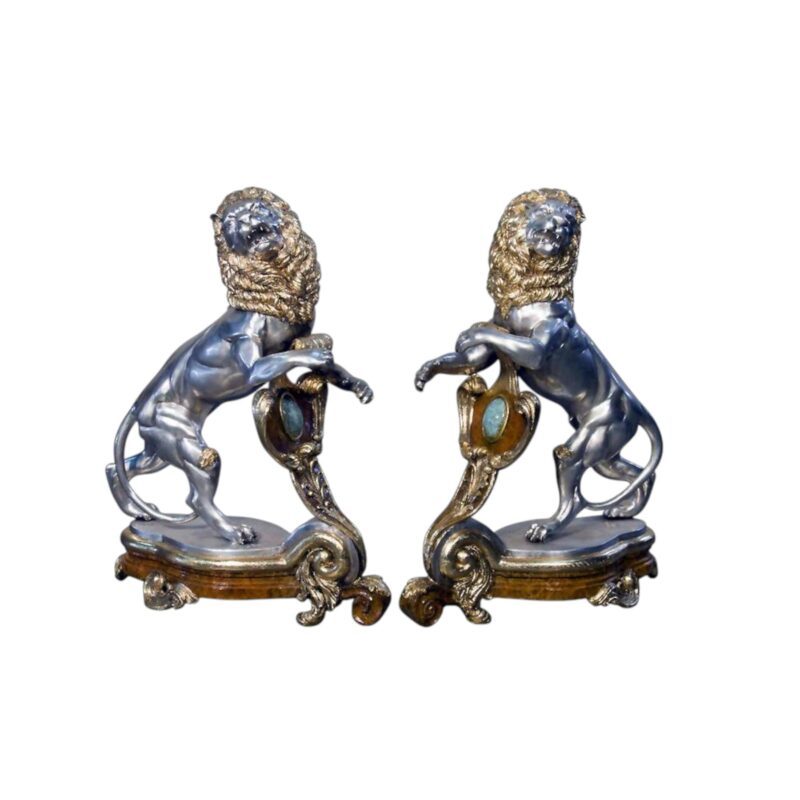 SRB057394-S-RL Bronze Fireplace Lions Sculpture Set in Silver Patina by Metropolitan Galleries Inc.