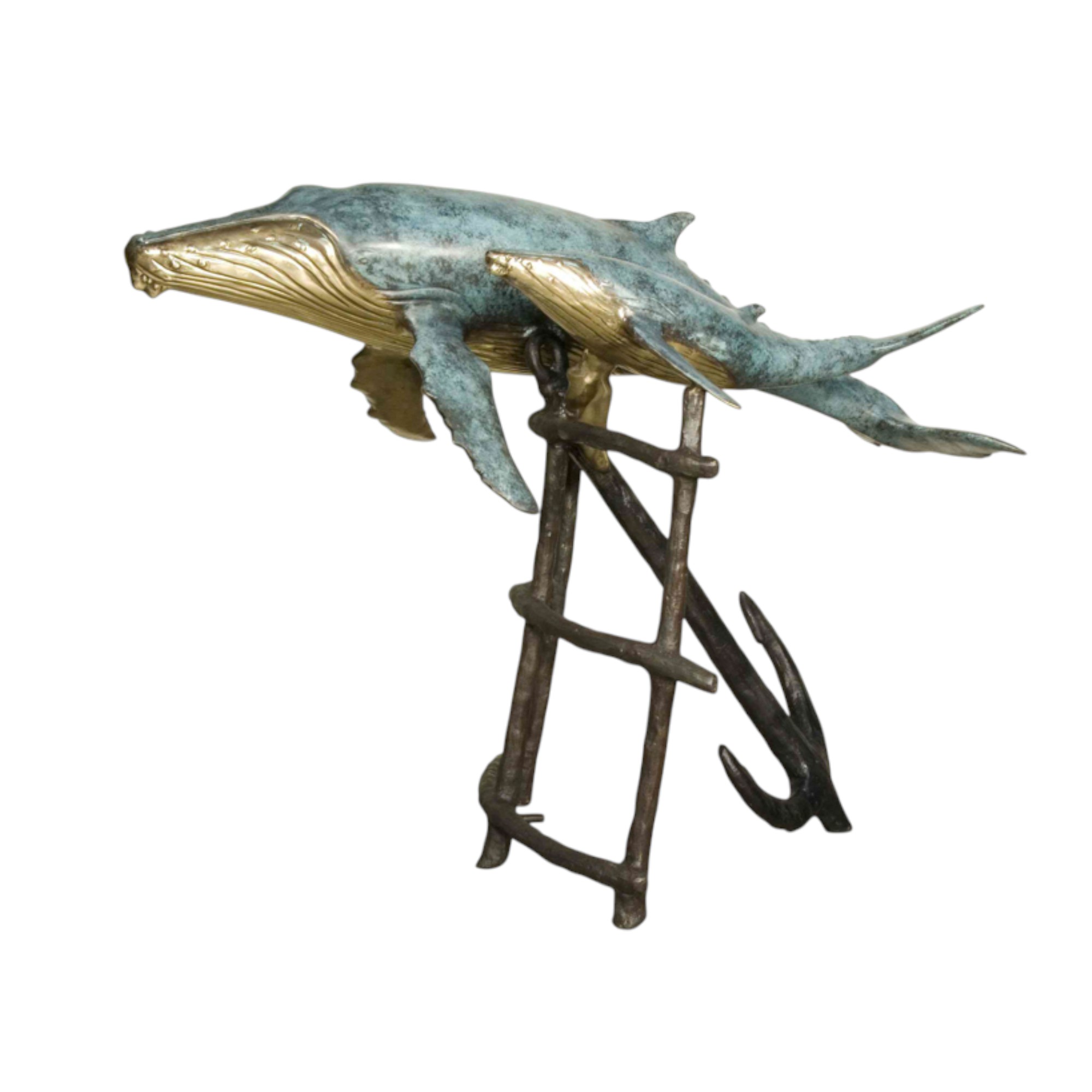 Bronze Mother and Baby Whale with Ladder and Anchor Sculpture