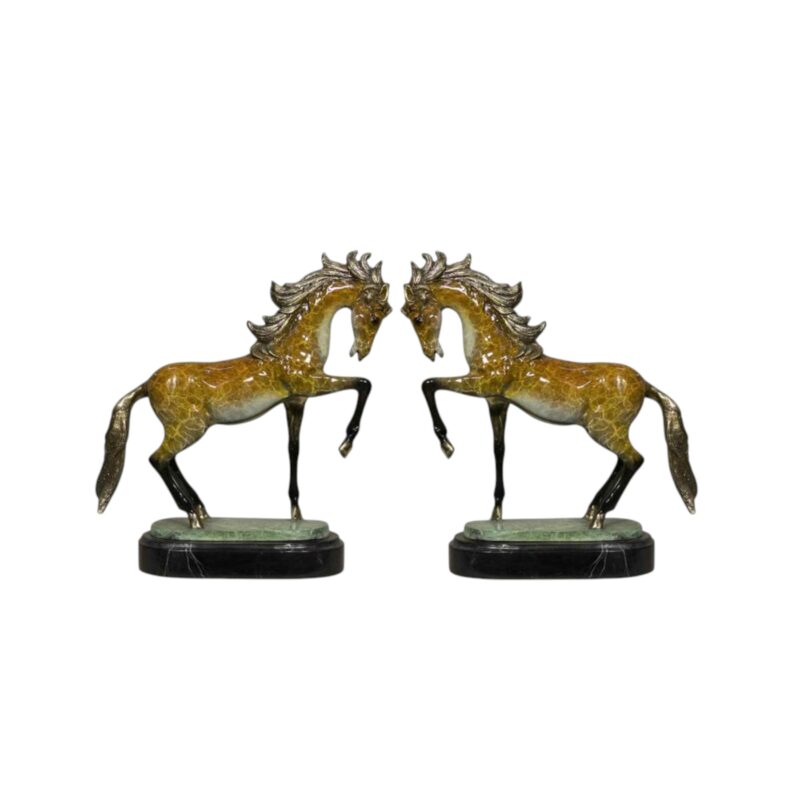 SRB057935-36C Bronze Prancing Horses on Marble Bases Sculpture Set in Special Patina by Metropolitan Galleries Inc.