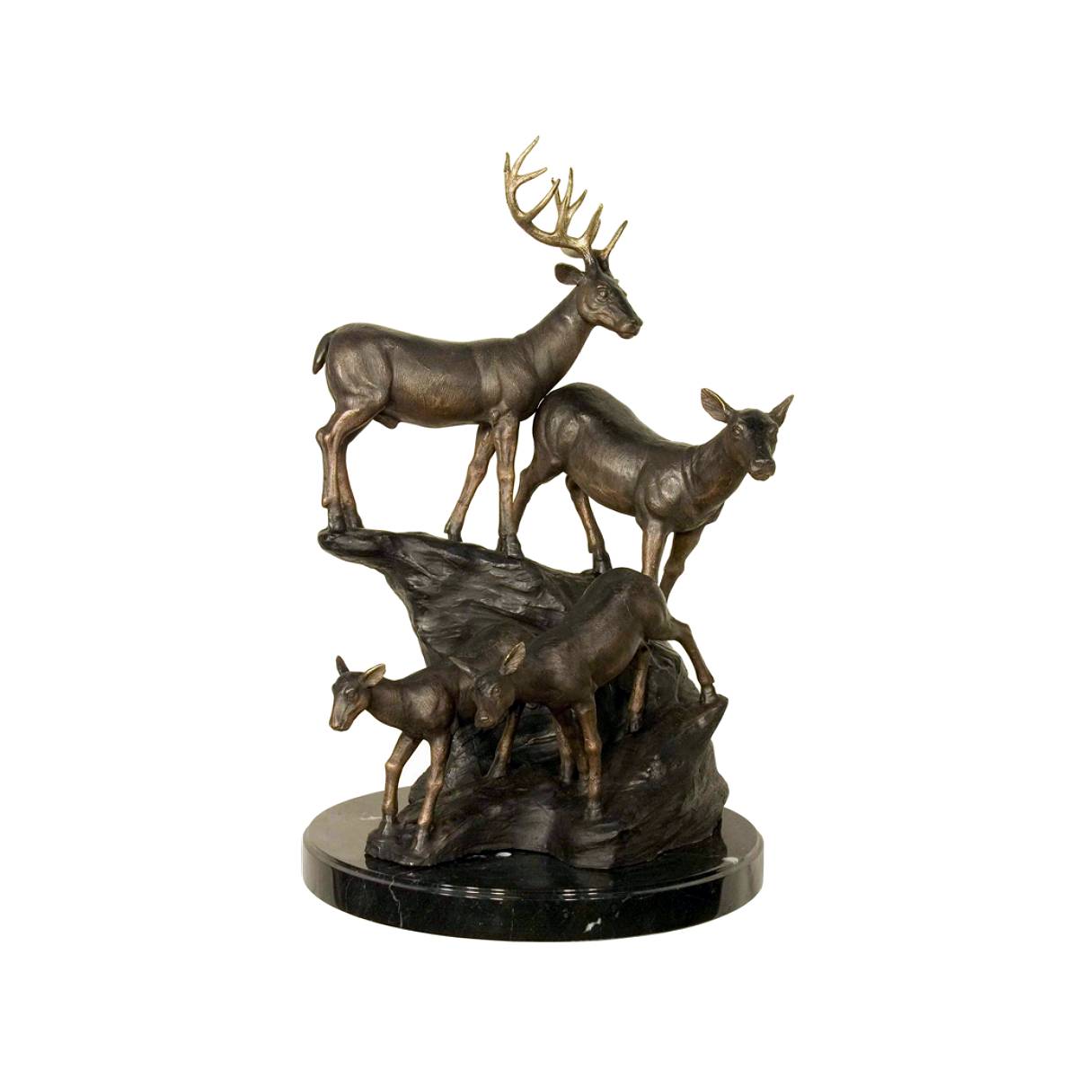 Bronze Four Deer on Rock Sculpture with Marble Base