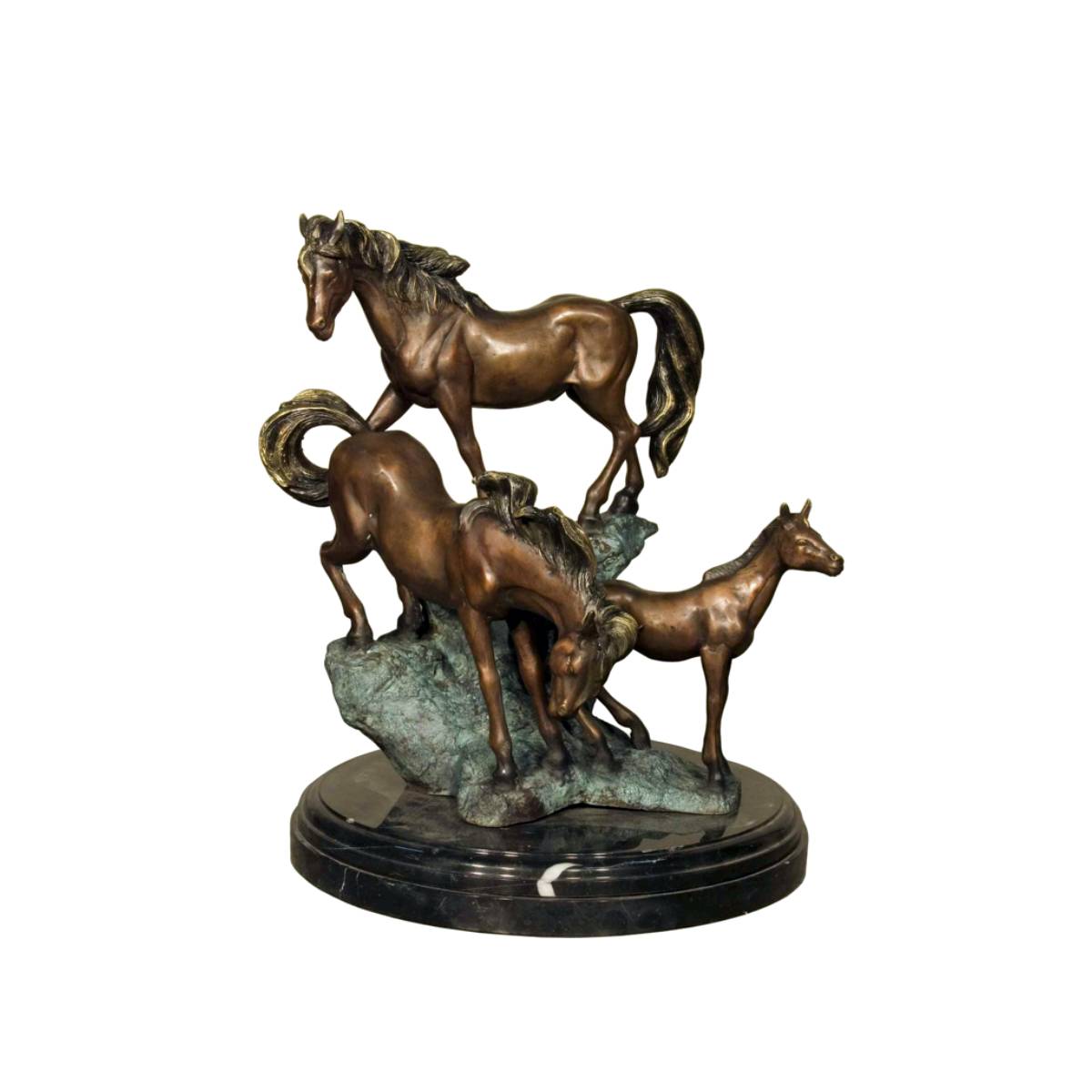 Bronze Three Horses on Rock Sculpture with Marble Base