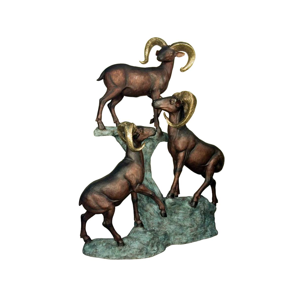 Bronze Three Big Horn Mountain Goats on Rock Sculpture
