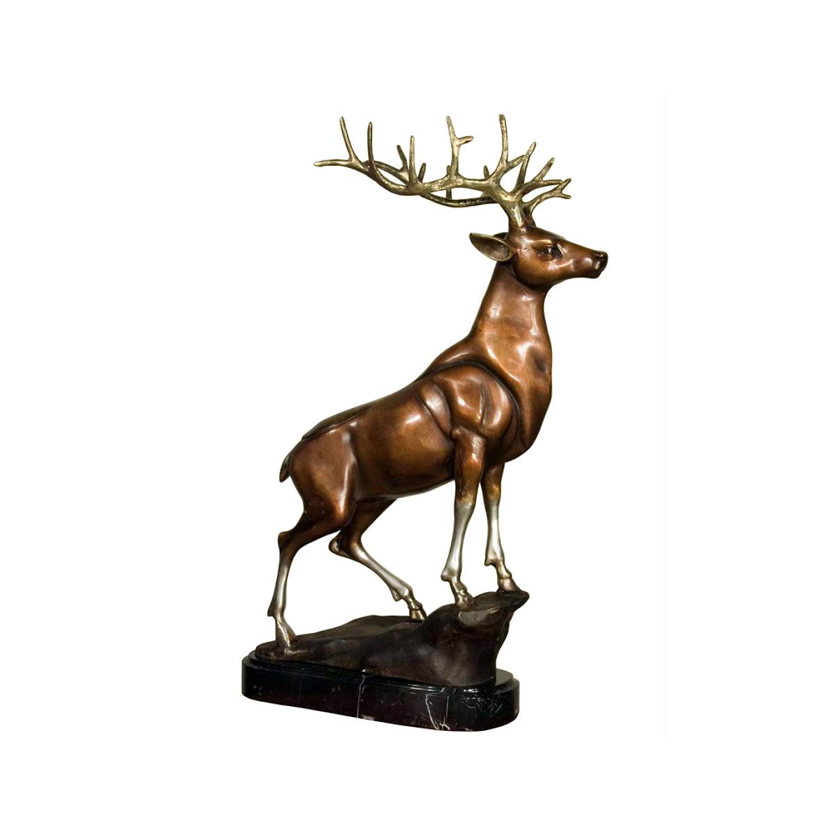 Bronze Stag on Rock Sculpture with Marble Base