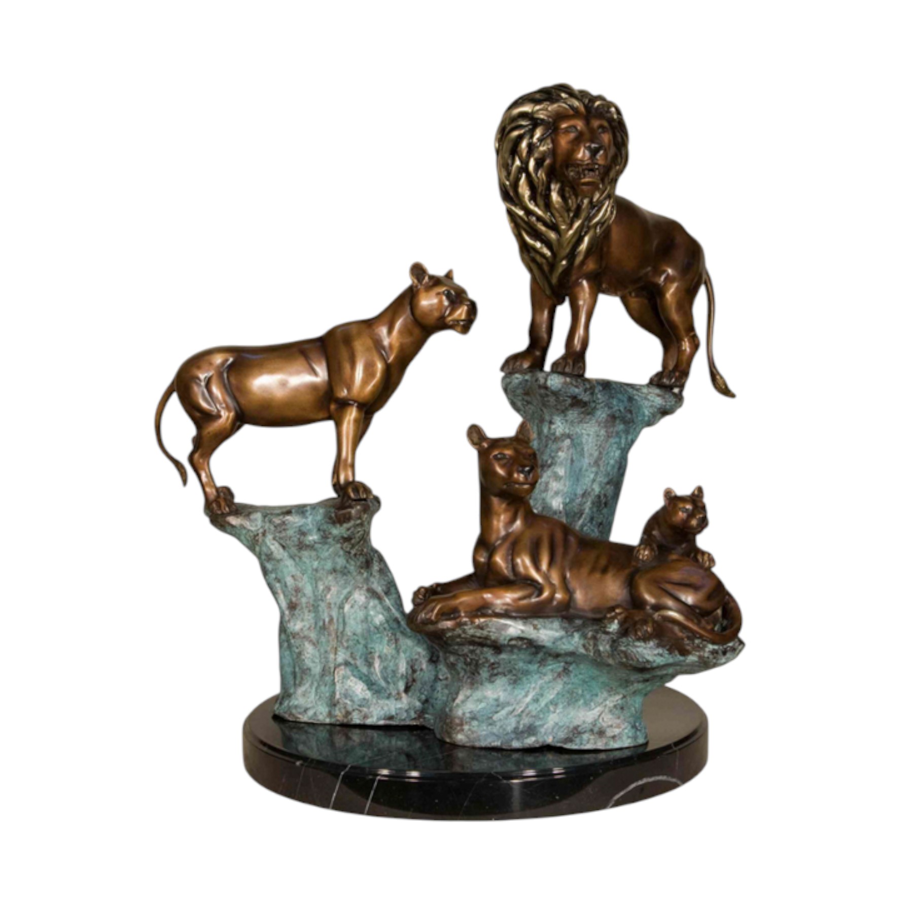 Bronze Pride of Lions on Rocks Tabletop Sculpture with Marble Base