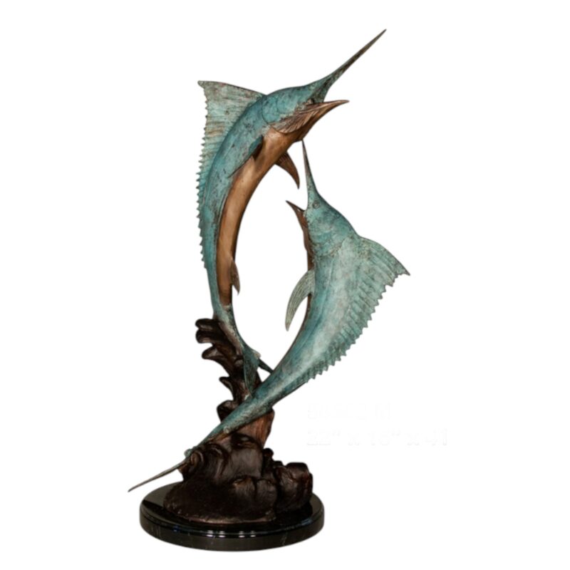 SRB058582 Bronze Two Marlins on Marble Base Tabletop Sculpture by Metropolitan Galleries Inc.