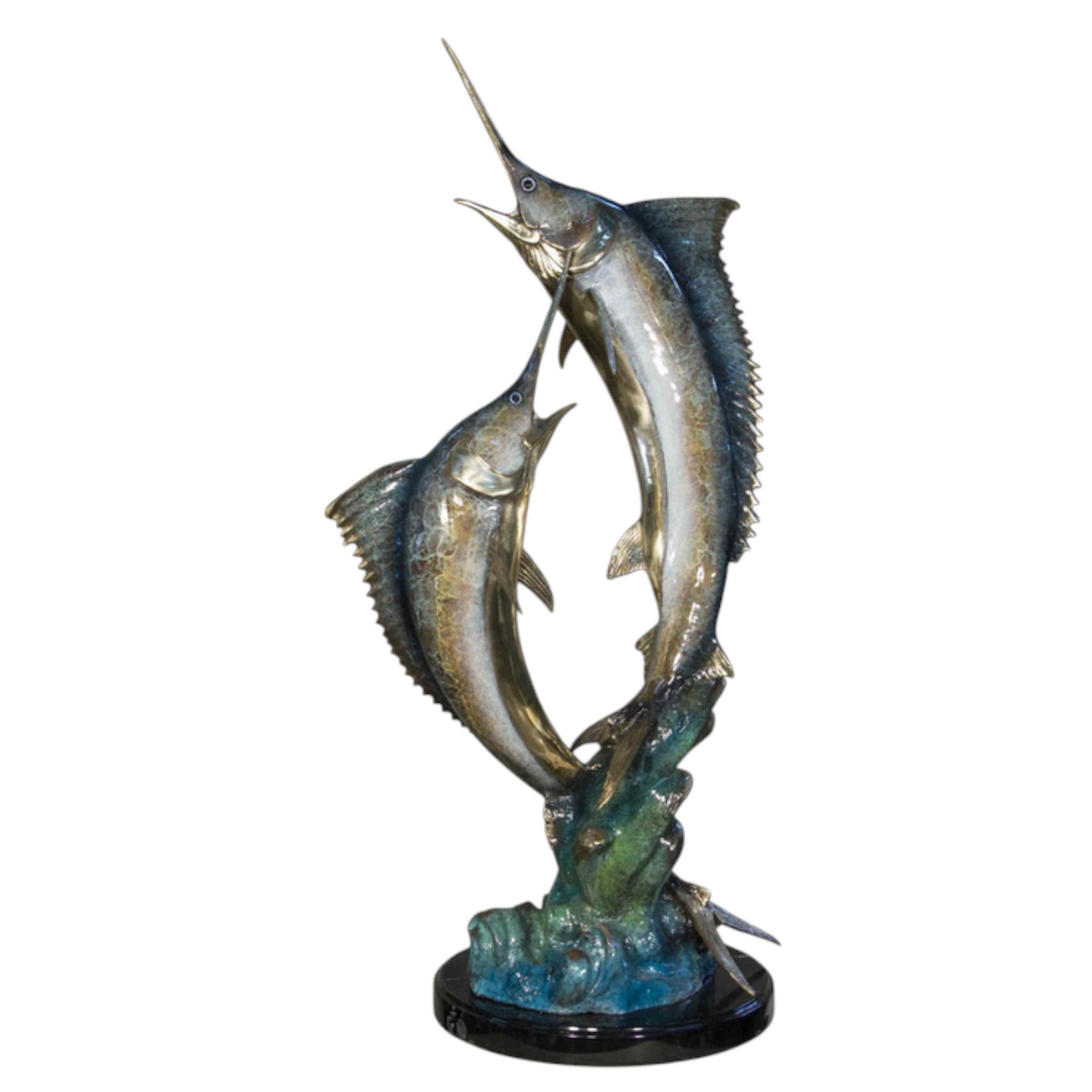 Bronze Two Marlin Tabletop Sculpture on Marble Base Special Patina