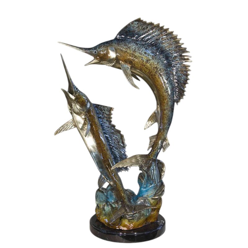 SRB058584-C Bronze Two Sailfish on Marble Base Tabletop Sculpture by Metropolitan Galleries Inc.