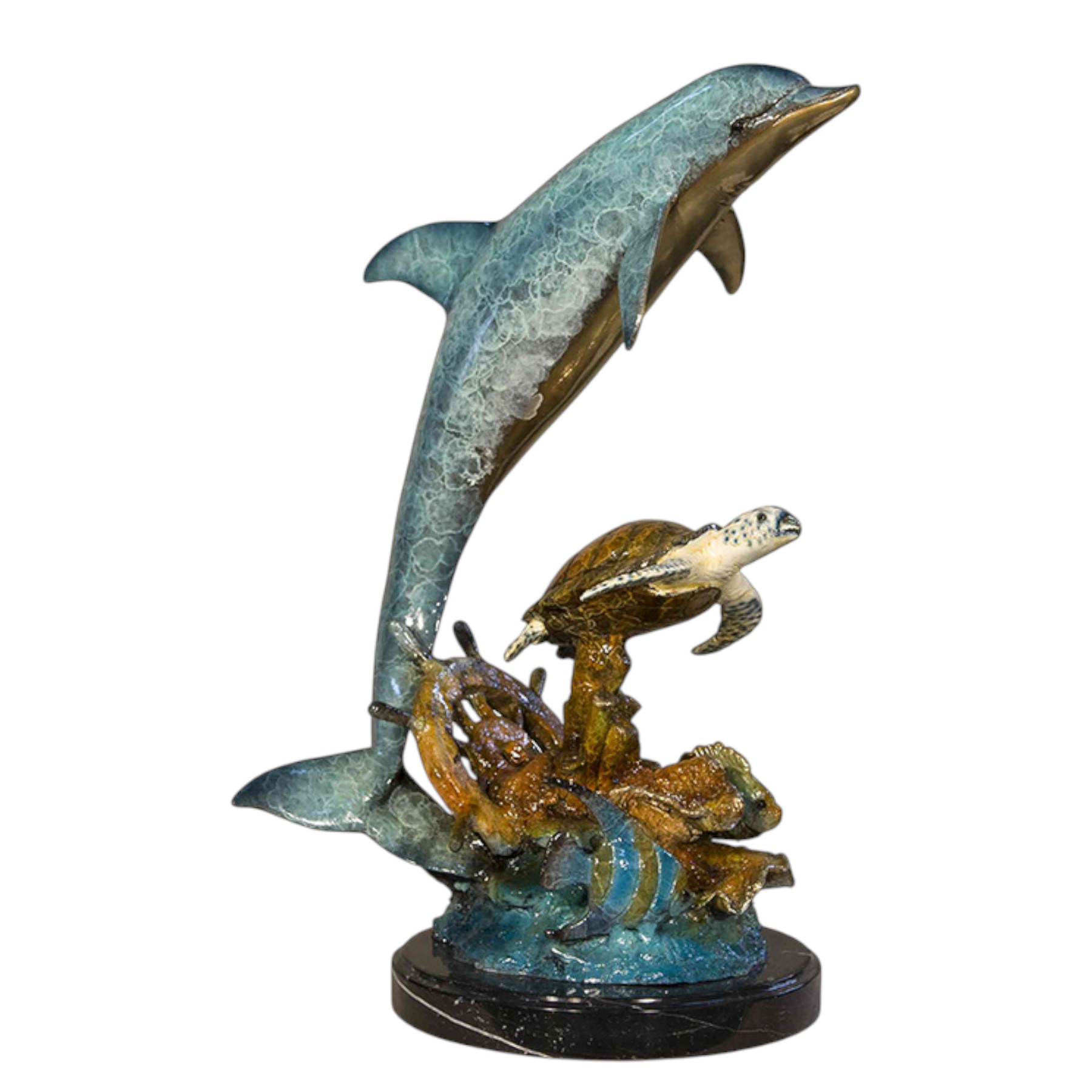 Bronze Dolphin and Sea Turtle Special Patina Tabletop Marble Base Sculpture