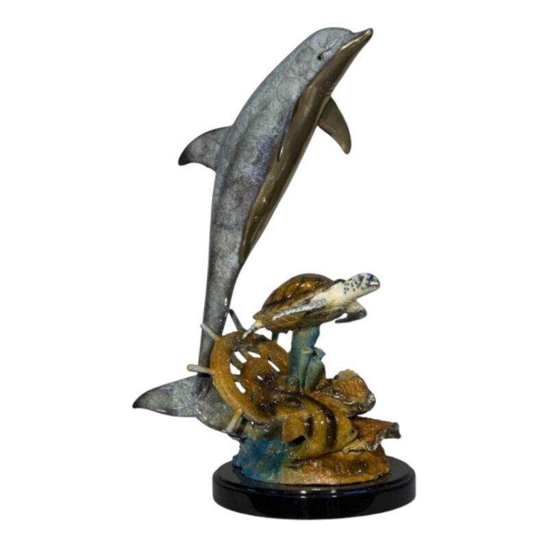 SRB058598-C2 Bronze Dolphin & Sea Turtle on Marble Base Tabletop Sculpture in Special Patina by Metropolitan Galleries Inc.