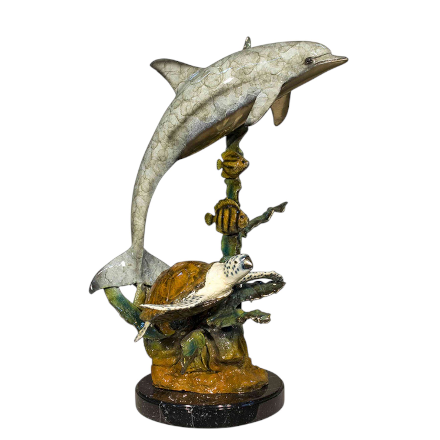 SRB058600-C Bronze Dolphin & Sea Turtle on Marble Base Tabletop Sculpture by Metropolitan Galleries Inc.