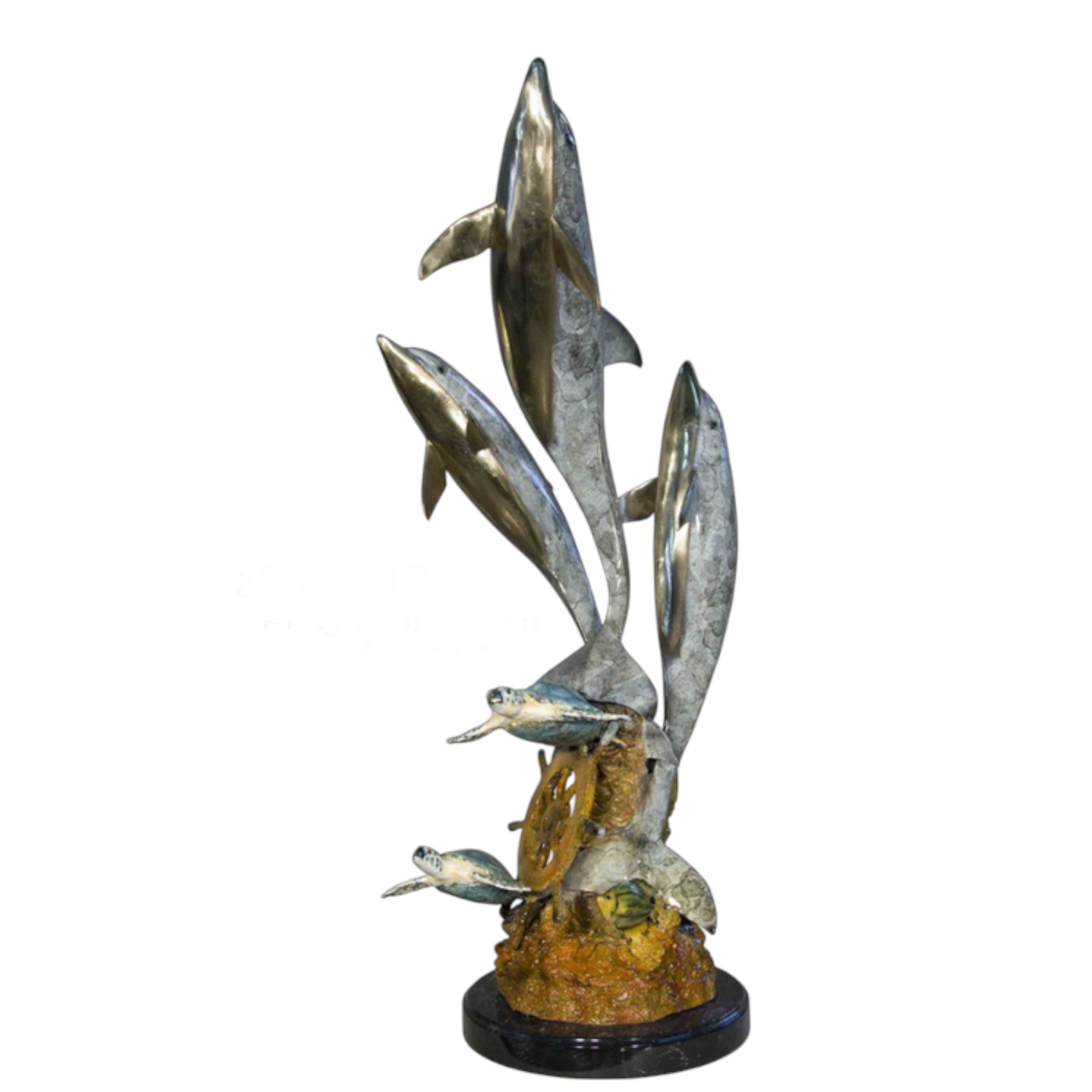 SRB058602-C Bronze Three Dolphins with Sea Turtles on Marble Base Tabletop Sculpture by Metropolitan Galleries Inc.