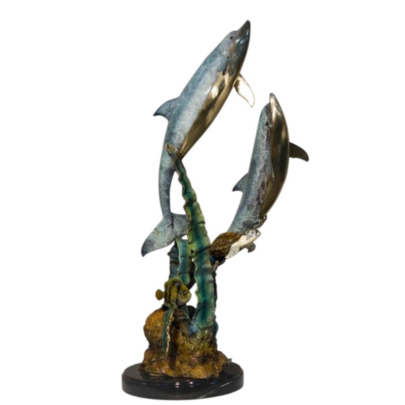 SRB058606-C Bronze Two Dolphins & Sea Turtle on Marble Base Tabletop Sculpture by Metropolitan Galleries Inc.