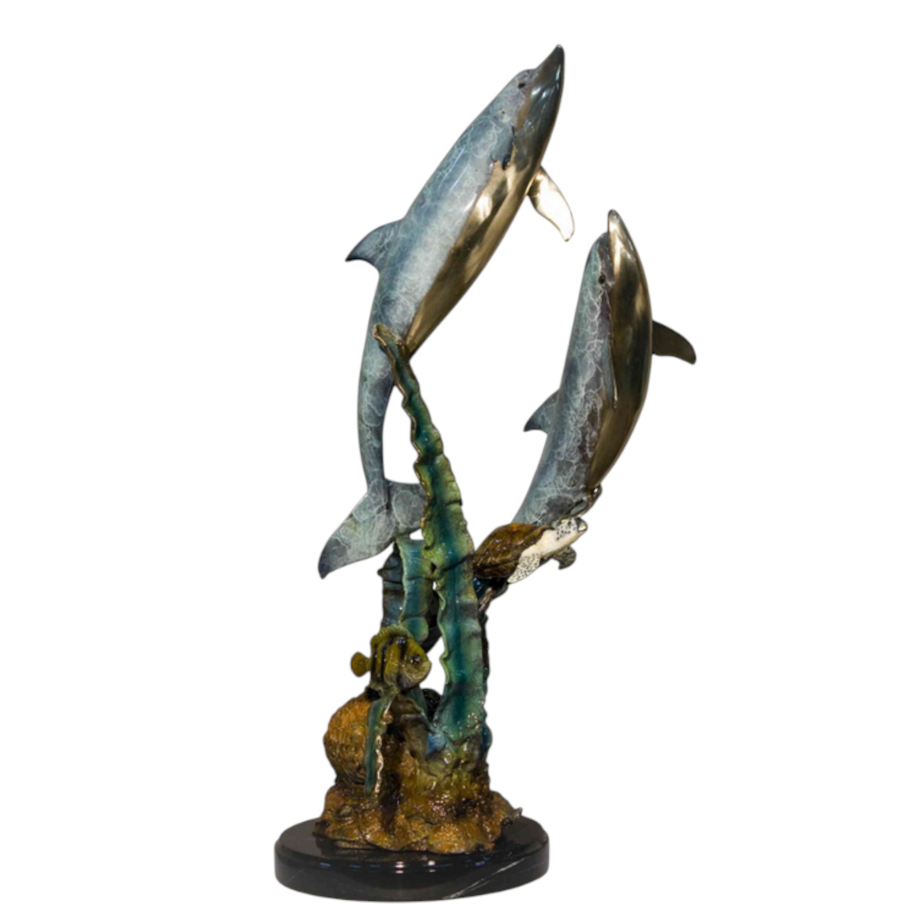 SRB058606-C Bronze Two Dolphins & Sea Turtle on Marble Base Tabletop Sculpture by Metropolitan Galleries Inc.