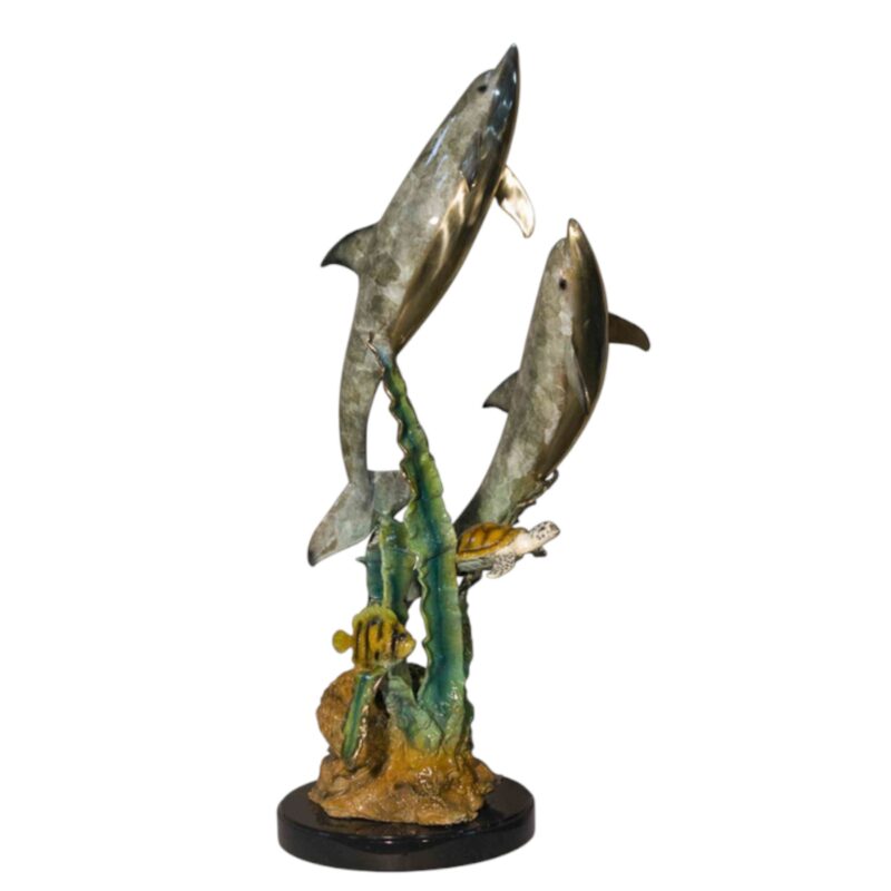 SRB058606-C2 Bronze Two Dolphins with Sea Turtle on Marble Base Tabletop Sculpture by Metropolitan Galleries Inc.